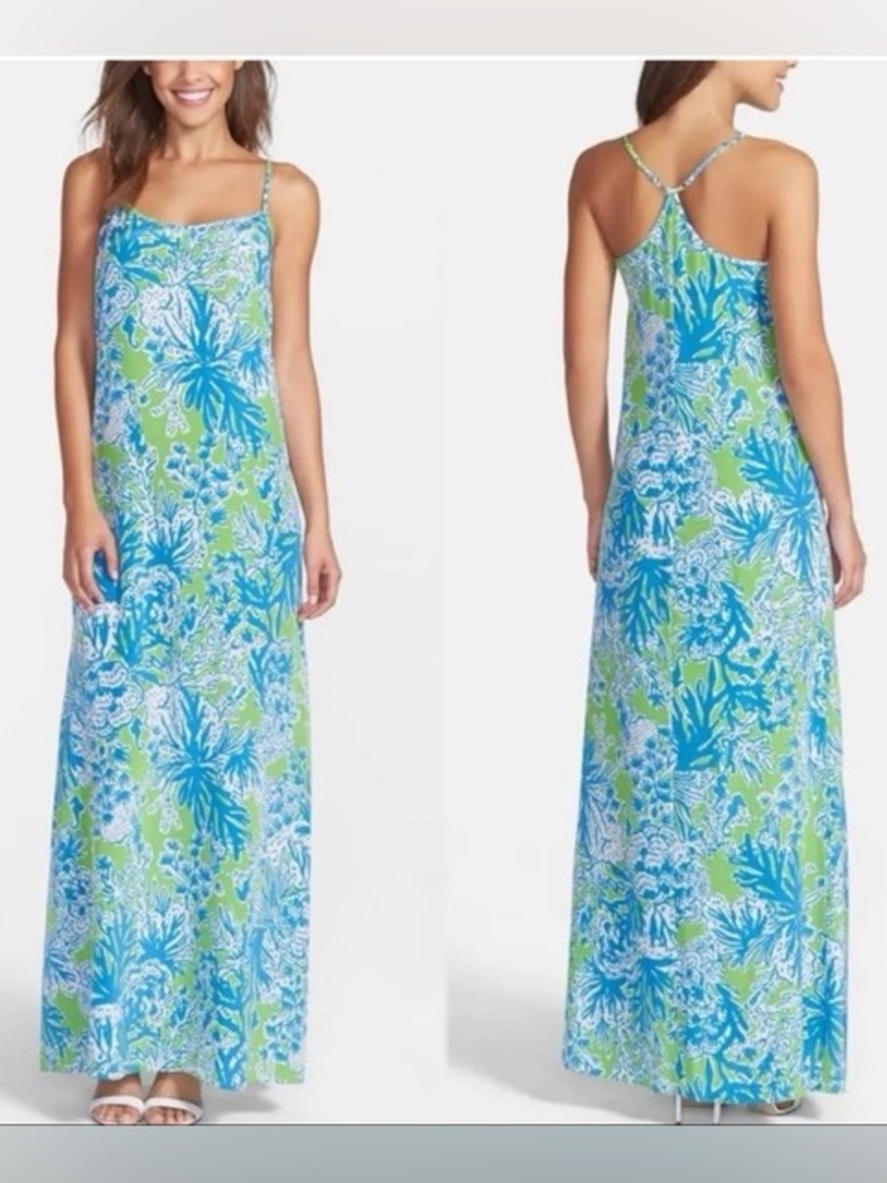 Lilly Pulitzer Blue & Green Floral Spaghetti-Strap Maxi Dress
